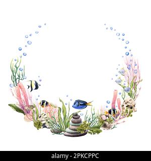 Couronne d'aquarelle avec coraux de mer, plantes et poissons tropicaux. Illustration aquarelle dessinée à la main isolée sur blanc Banque D'Images