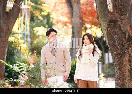 Un couple dans leur 20s promenade le long d'une avenue bordée d'arbres à la fin de l'automne Banque D'Images