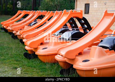 bateau à pédalos coloré sur la côte verte du lac à louer Banque D'Images