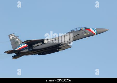 Le Liberty F-15E Strike Eagles part de RAF Lakenheath à Suffolk, le 3rd avril 2023 Banque D'Images