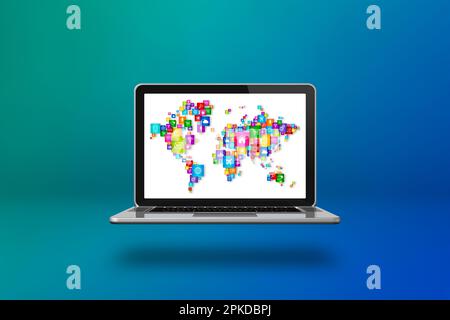 Carte du monde composée d'icônes sur l'écran d'un ordinateur portable. Concept de communication globale isolé sur fond bleu. 3D illustration Banque D'Images