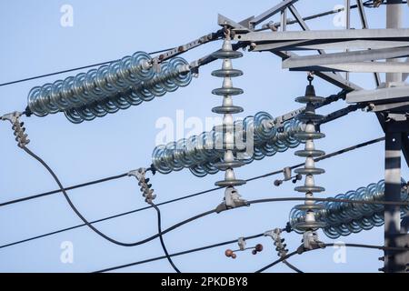 Les isolateurs haute tension des lignes électriques aériennes sont sous le ciel bleu le jour Banque D'Images