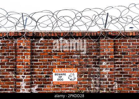 Locaux de l'entreprise, mur fixé avec des rouleaux de fil barbelés, panneau indiquant chien de garde sur les lieux. Banque D'Images