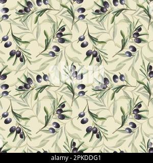 Motif aquarelle sans couture dessiné à la main avec branches et feuilles d'olives noires. Banque D'Images