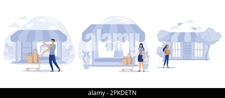 Concept de magasin de détail, grand comptoir de boîte, magasin d'ancrage et isolé, centre commercial, attirer des clients, centre commercial de point de vente, marchandisage de supermarché. Illustration de Vecteur