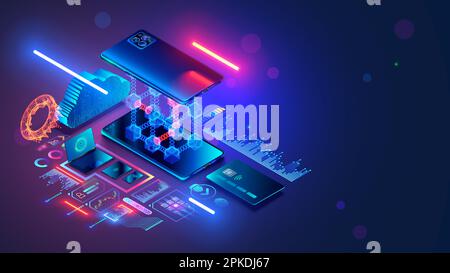 P2P concept d'échange. Transférer de l'argent en crypto-monnaie sur l'application téléphonique, la carte bancaire. Négociation entre pairs. P2P prêts. Investissement dans la crypto-monnaie. F Illustration de Vecteur