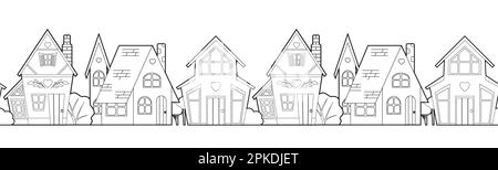 Frontière vectorielle sans couture avec un contour maisons de campagne sur fond blanc. Vue avant du cadre avec la frise horizontale monochrome du contour. Dessin au trait Illustration de Vecteur