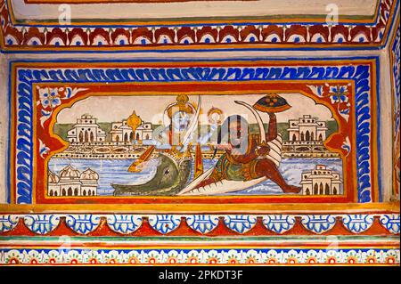 Peinture mythologique colorée sur le mur intérieur du musée Dr. Ramnath Podar Haveli, un musée du patrimoine culturel qui abrite le style de vie Rajasthani, Banque D'Images