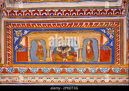 Peinture mythologique colorée sur le mur intérieur du musée Dr. Ramnath Podar Haveli, un musée du patrimoine culturel qui abrite le style de vie Rajasthani, Banque D'Images