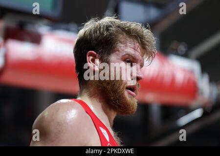 Belgrade, Serbie, 6 avril 2023. Thomas Walkup de l'Olympiacos Pirée réagit lors du match Euroligue 2022/2023 de Turkish Airlines entre Crvena Zvezda mts Belgrade et Olympiacos Pirée au Hall Nikolic d'Aleksandar à Belgrade, Serbie. 6 avril 2023. Crédit : Nikola Krstic/Alay Banque D'Images