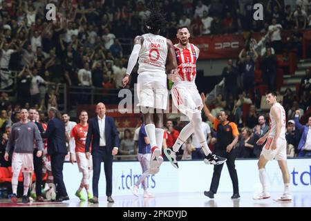 Belgrade, Serbie, 6 avril 2023. Luca Vildoza de Crvena Zvezda MTS Belgrade célèbre lors du match Euroligue 2022/2023 de Turkish Airlines entre Crvena Zvezda MTS Belgrade et Olympiacos Pirée à la salle Nikolic d'Aleksandar à Belgrade, Serbie. 6 avril 2023. Crédit : Nikola Krstic/Alay Banque D'Images