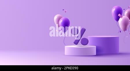 Bannière de rabais avec 3D illustrations de ballons d'air avec confetti et piédestal avec grand signe de pourcentage de rendu arrondi Illustration de Vecteur