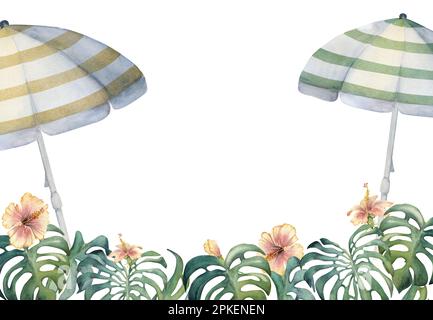 Aquarelle dessinée à la main. Parasols de plage rayés, hibiscus et les feuilles de Monstera bordent. Isolé sur fond blanc. Art mural, mariage Banque D'Images