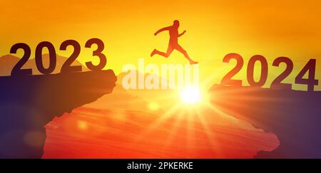 Silhouette homme saut entre 2023 et 2024 ans sur le soleil et à travers sur l'écart de colline du ciel de soirée. Bienvenue bonne année 2024. Symbole de démarrage et W Banque D'Images