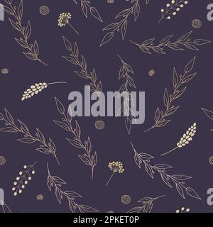 Branches botaniques beige motif sans couture sur fond sombre. Motif vectoriel minimaliste élégant dessiné à la main. Arrière-plan éléments floraux. Pour les cartes, je Illustration de Vecteur