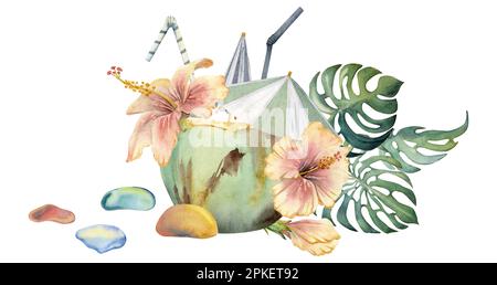 Aquarelle dessinée à la main. Cocktail de noix de coco avec parasols en papier, fleurs d'hibiscus. Isolé sur fond blanc. Décoration murale, mariage Banque D'Images
