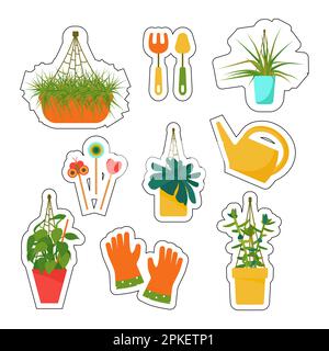 Autocollants des plantes de maison et des outils d'entretien. Intérieur design scandinave. Elément de conception. Illustration vectorielle Illustration de Vecteur