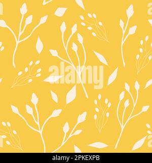 Branches et feuilles beige sur fond jaune sans couture. Motif fleuri élégant et minimaliste Illustration de Vecteur