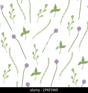 Fleur pourpre avec branches vertes et motif minimaliste sans couture. Éléments floraux dessinés à la main pour un motif et un imprimé Illustration de Vecteur