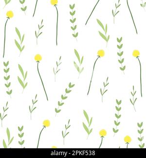 Fleur jaune avec feuilles vert clair sans coutures minimalistes. Éléments floraux dessinés à la main pour un motif et un imprimé Illustration de Vecteur