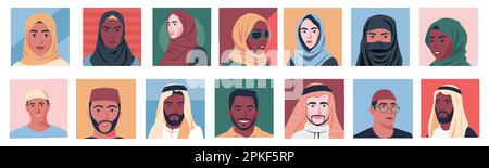 Avatars du Moyen-Orient. Portraits d'hommes et de femmes pour les profils d'utilisateurs, caricature arabe personnages masculins et féminins divers concept de race. Ensemble de vecteurs Illustration de Vecteur