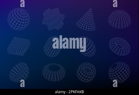 Figures géométriques de la grille. Formes Wirefram tailles et styles indifférents, formes polygonales simples et solides. Ensemble vectoriel de conception de grille géométrique, avec Illustration de Vecteur