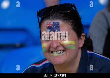 Wimbledon, Londres, Royaume-Uni. 7 avril 2023. Un supporter australien dont le visage est peint à l'équipe nationale féminine de Commbank Australia Matilda v Scotland au stade Cherry Red Records, Plough Lane Wimbledon Credit: amer ghazzal/Alay Live News Banque D'Images