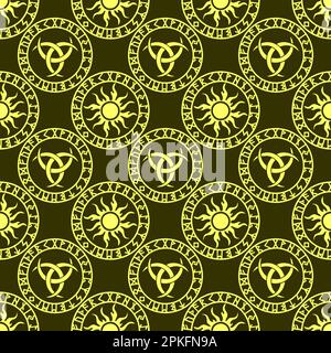 motif celtique sans couture avec éléments ronds jaunes sur fond vert, texture, design Banque D'Images