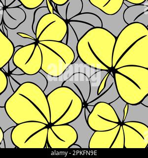 motif asymétrique sans couture de feuilles de trèfle dans des tons jaune-gris et des contouros noirs, design, texture Banque D'Images