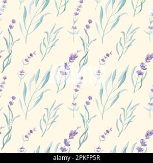 Belle lavande provence plante aquarelle sans couture motif. Fleurs violettes composition dessin aquarelle pour un motif carte postale Banque D'Images