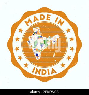 Fabriqué en Inde. Timbre rond de pays. Sceau de l'Inde avec forme de frontière. Badge vintage avec texte circulaire et étoiles. Illustration vectorielle. Illustration de Vecteur
