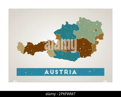 Carte de l'Autriche. Affiche pays avec régions. Ancienne texture de grunge. Forme de l'Autriche avec nom de pays. Illustration vectorielle nette. Illustration de Vecteur