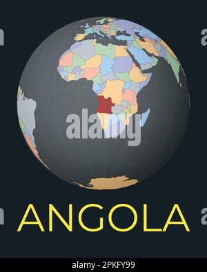 Carte du monde centrée sur l'Angola. Pays rouge mis en surbrillance. Vue satellite du monde centrée sur le pays avec le nom. Illustration vectorielle. Illustration de Vecteur