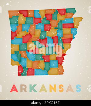 Carte de l'Arkansas. Affiche d'état américaine avec des régions colorées. Ancienne texture de grunge. Illustration vectorielle de l'Arkansas avec le nom de l'état US. Illustration de Vecteur