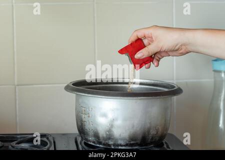 main de femme tenant le sachet rouge pour verser l'assaisonnement en poudre dans le pot Banque D'Images