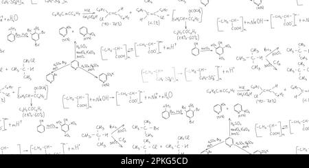 Modèle de chimie sans couture avec formules chimiques manuscrites. Réaction de polymérisation en chimie organique. Formule squelettique. Connexion atomique de molécule Illustration de Vecteur