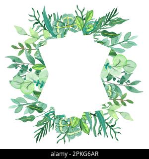 Cadre aquarelle avec fleurs sauvages, peint à la main dans le style botanique pour les cartes de vacances et de mariage. Bordure des feuilles vertes isolées sur fond blanc Banque D'Images