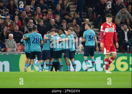 Ashley Barnes de Burnley célèbre après avoir marqué le premier but du match du championnat Sky Bet entre Middlesbrough et Burnley au stade Riverside, à Middlesbrough, le vendredi 7th avril 2023. (Photo : Trevor Wilkinson | MI News) Banque D'Images