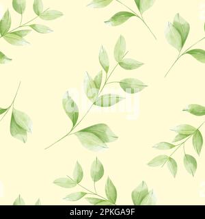 Motif aquarelle sans couture avec feuilles d'eucalyptus argentées et branches sur fond crème pour le textile, le papier et d'autres projets imprimés et web. Banque D'Images