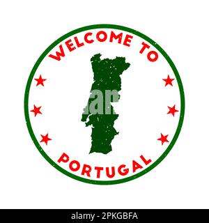 Bienvenue au timbre Portugal. Timbre rond de pays grunge avec texture dans le thème de couleur rouge. Sceau Portugal géométrique de style vintage. Illustration de Vecteur