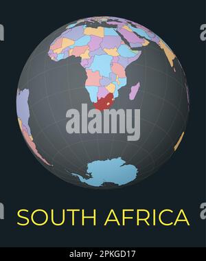 Carte du monde centrée sur l'Afrique du Sud. Pays rouge mis en surbrillance. Vue mondiale satellite centrée sur le pays avec le nom. Illustration vectorielle. Illustration de Vecteur