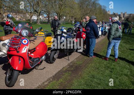 Windsor, Royaume-Uni. 7th avril 2023. Des scooters sont photographiés garés sur la longue promenade en face du château de Windsor avant un bon tour de respect pour la Reine Elizabeth II par des vétérans des forces armées britanniques et des partisans civils de Rolling Thunder UK. Rolling Thunder UK a été lancé pour sensibiliser les anciens combattants des forces armées aux problèmes rencontrés. Crédit : Mark Kerrison/Alamy Live News Banque D'Images