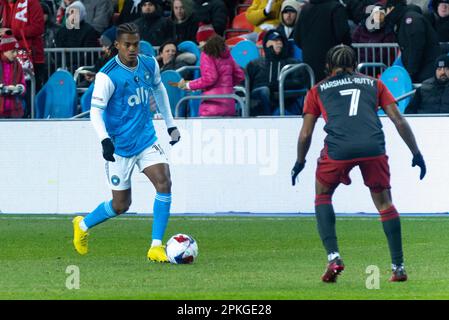 Toronto, ON, Canada - 1 avril : Kerwin Vargas #18 avant le FC Charlotte pendant le match de la saison régulière des Services multilingues 2023 entre le FC Toronto (Canada) a Banque D'Images