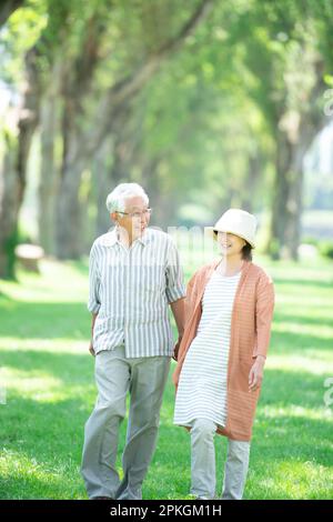 Un couple senior marchant le long d'une rangée de peupliers Banque D'Images