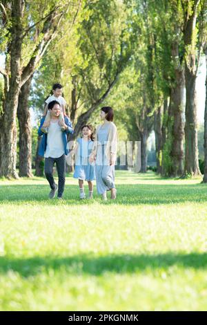 Famille marchant le long des peupliers Banque D'Images