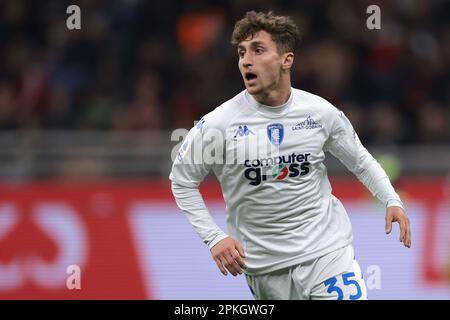 Milan, Italie, 7th avril 2023. Tommaso Baldanzi du FC Empoli pendant la série Un match à Giuseppe Meazza, Milan. Le crédit photo devrait se lire: Jonathan Moscrop / Sportimage Banque D'Images