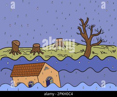 Une propriété de maison endommagée par les inondations, les fortes pluies et le niveau élevé de l'eau de mer. Concept du réchauffement climatique, du changement climatique et des catastrophes naturelles. Banque D'Images