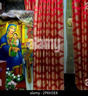 Œuvres d'art et tapisserie orthodoxes chrétiens éthiopiens à Lalibela, en Éthiopie Banque D'Images