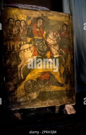 Œuvres d'art et tapisserie orthodoxes chrétiens éthiopiens à Lalibela, en Éthiopie, exposées lors de la célébration sainte de la Fasika Banque D'Images