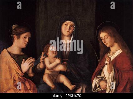 Conversation sacrée peinte par l'artiste italien de la Renaissance Giovanni Bellini, montrant la Vierge Marie tenant le Christ avec Marie Magdalene Banque D'Images